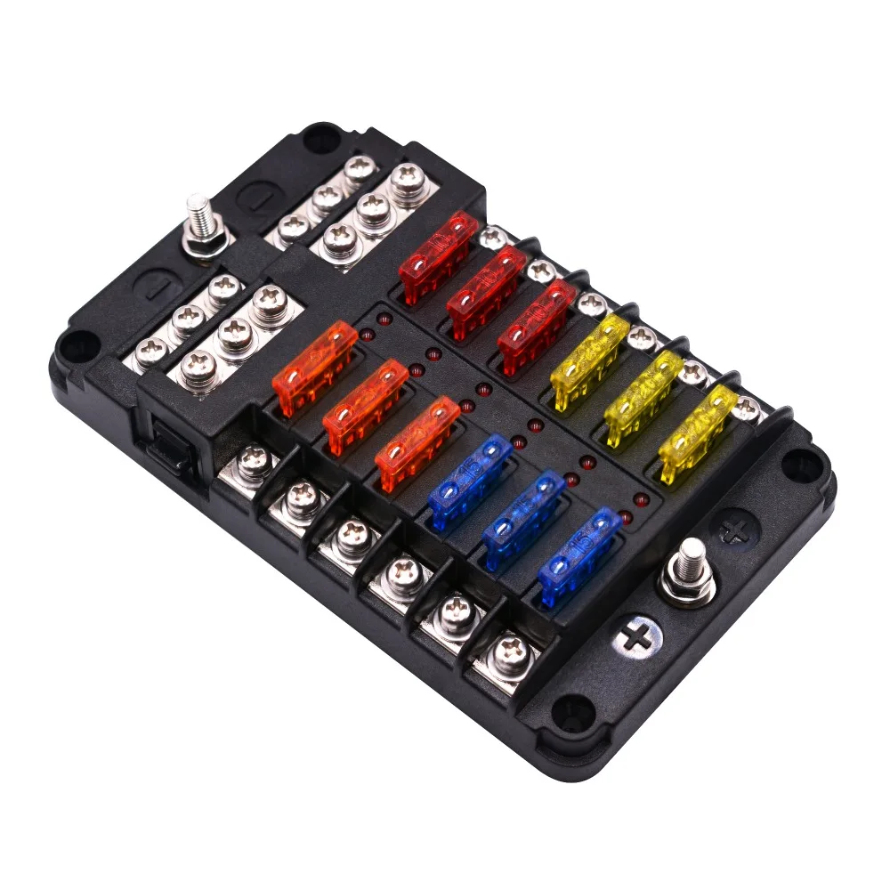 

12V 32V Plastic Cover Fuse Box Holder M5 Stud With LED Indicator Light 6 Ways 12 Ways Blade for Auto Car Boat Marine Trike