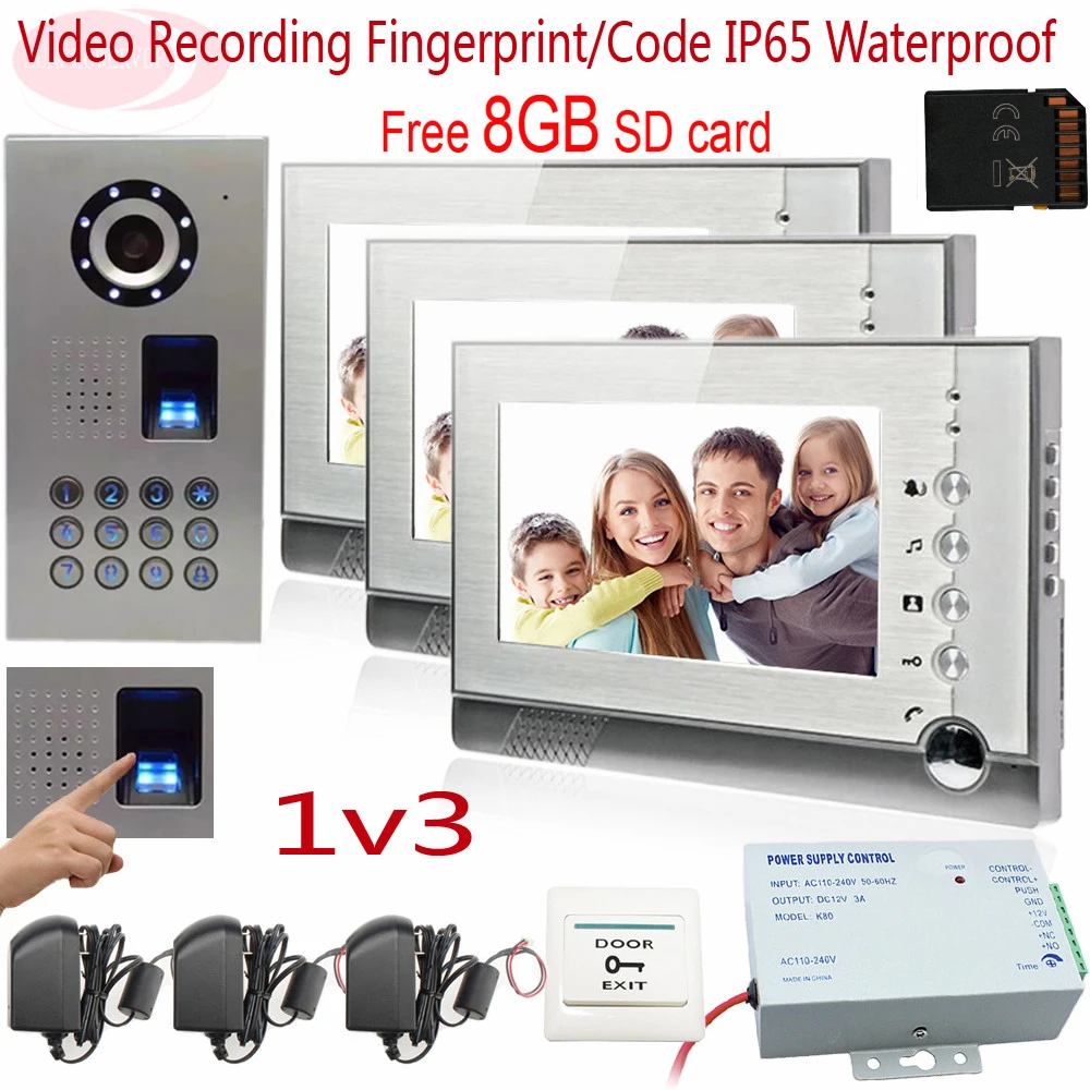 

Sunflowervdp Fingerprint Video Intercom With Video Recording Free 8GB SD Card IP65 Waterproof Door Video Doorphones For 3 Houses