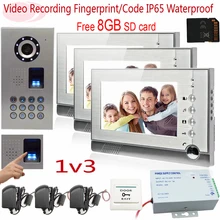 Sunflowervdp Fingerprint Video Intercom With Video Recording Free 8GB SD Card IP65 Waterproof Door Video Doorphones For 3 Houses