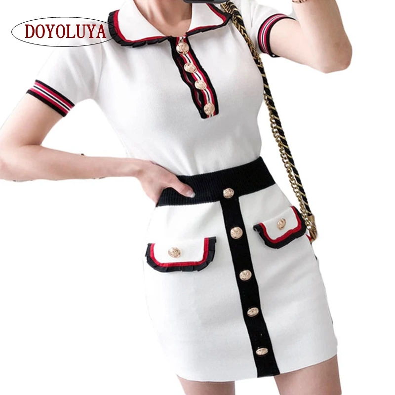 

[DOYOLUYA]Summer Women 2 Piece Runway Set Turn-Down Collar Striped Knitted Tops Short Sleeve Sweater + Buttons Mini Pencil Skirt