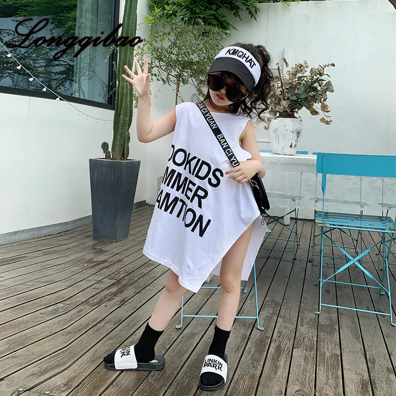 

Baby girl fashion dress new summer Korean version of the children's letter print sleeveless irregular split personality dress