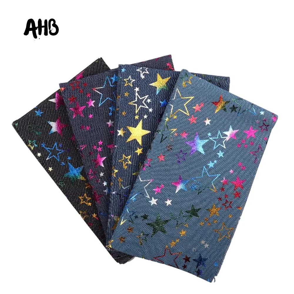 AHB 40*50CM Soft Denim Fabric Colorful Foil Stars Fabric Sewing Quilt Cowboy Handmade Crafts Fabric DIY Clothes Bags Materials