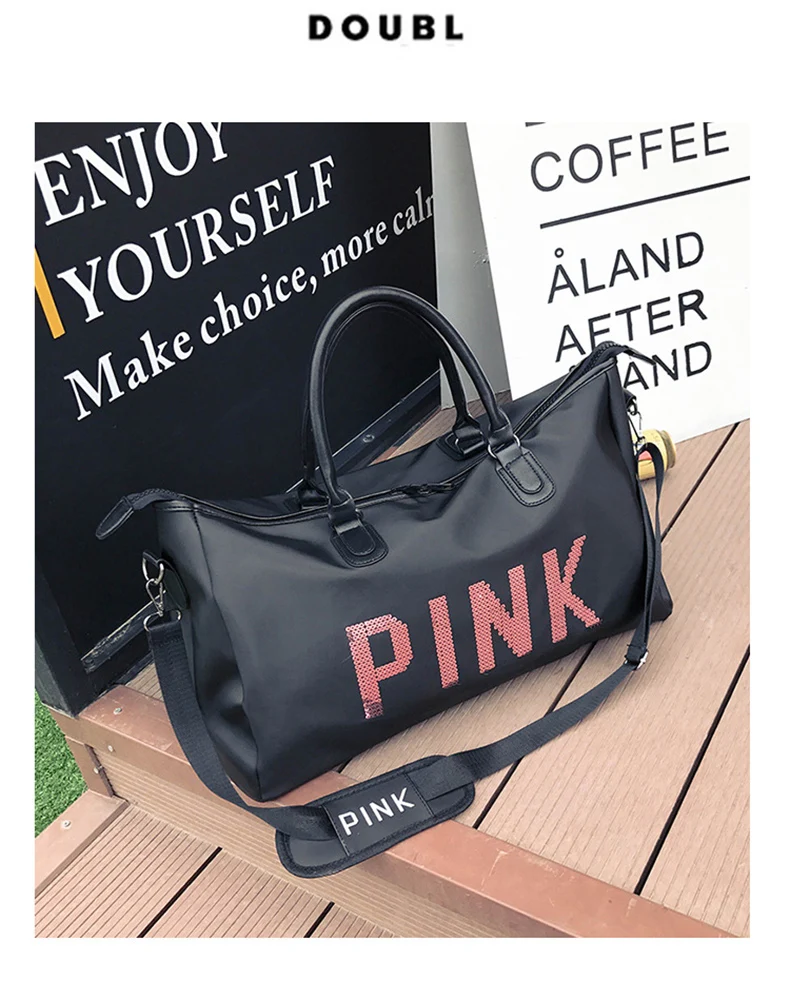 2019 Wobag Ladies Black Travel Bag Pink Sequins Shoulder Bag Women Handbag Ladies Weekend Portable Duffel Bag Waterproof Wash03