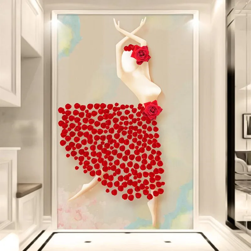 

Custom 3D Photo Wallpaper Murals Modern Abstract Art Rod Roses Ballet Dancing Girl Non-woven Wall Murals for Hallway Door Decor
