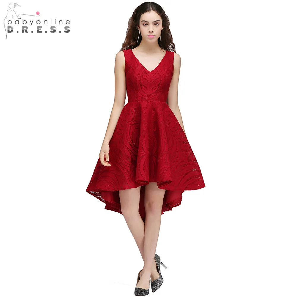 2017 Sexy V Neck Red Lace Evening Dresses Sleeveless Prom Dresses Front