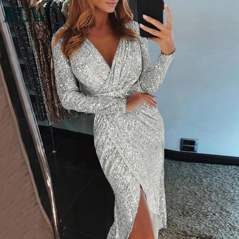NLW Party And Glitter Club Dress Sexy Bodycon Sequin Asymmetrical Long Dress Feminino Winter