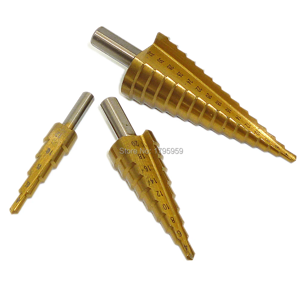 3pc Large Step Cone Drill Bit Set Titanium Coated HSS Triangle Shank