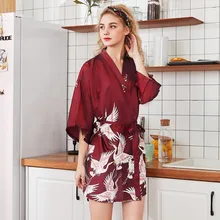 Женский халат, домашний халат с принтом, длинный рукав, имитация шелка, одежда для отдыха, тонкая сексуальная одежда для сна, пижама с поясом, пижама mujer algodon