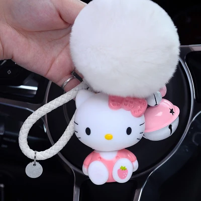 Cute Cartoon Hello Kitty Rabbit Fur Ball PomPom Pom Poms Keychain Women Leather Strap Metal Key Ring Chains Car Bag Charm D35B - Цвет: 2