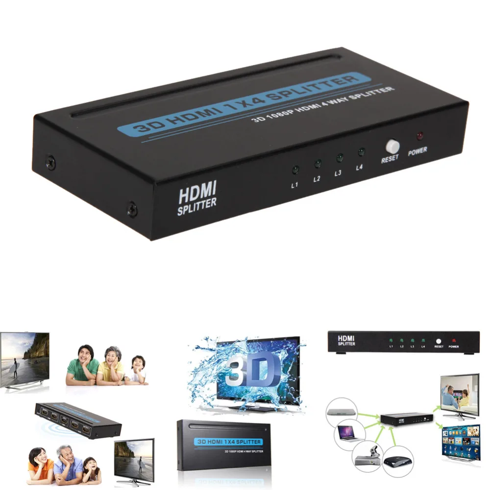 

Cheap Full HD 1X4 Port HDMI Splitter Amplifier Repeater 3D 1080p 1 in 4 out Box Converter  HDMI VGA Adapter HDMI Cable #LD456