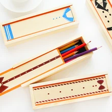 Creative Wood pull multifunction stationery pencil case cute student pen case