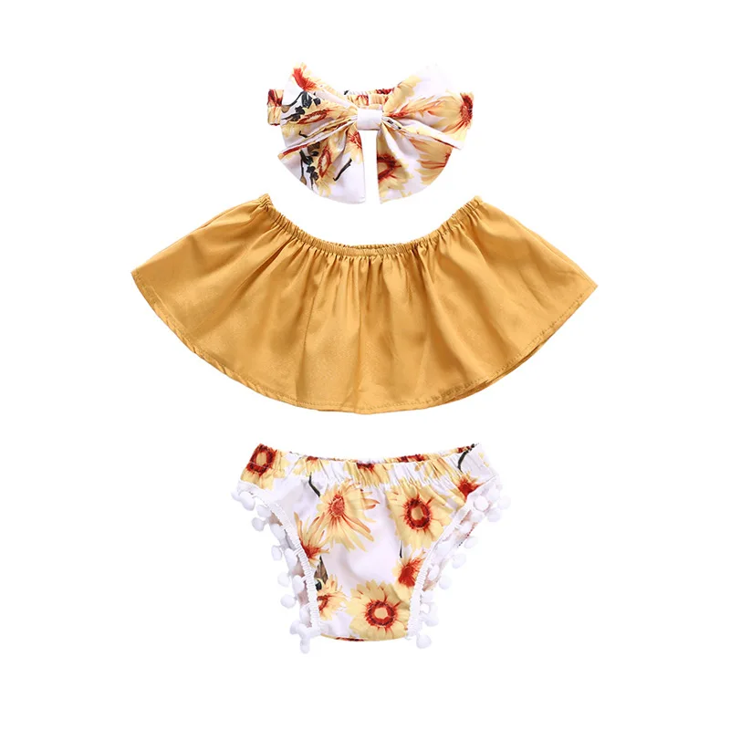 Oklady/комплект одежды для маленьких девочек из 3 предметов, топы с открытыми плечами для младенцев, шорты и повязка на голову с кисточками, комплект одежды для новорожденных