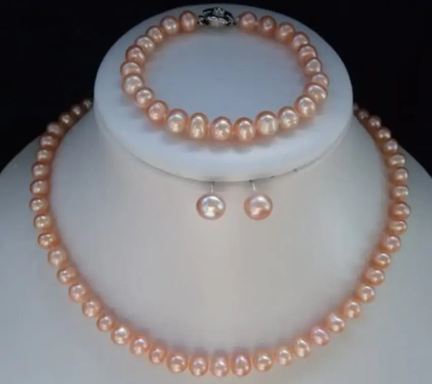 

FREE SHIPPING7-8mm Pink Akoya Pearl Necklace Bracelet Earring Sets LL002
