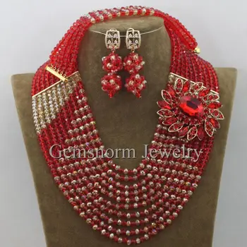 

Amazing Red Gold African Nigerian Wedding Crystal Beads Jewelry Set Nigerian African Bead Necklace Set Free Shipping WB969