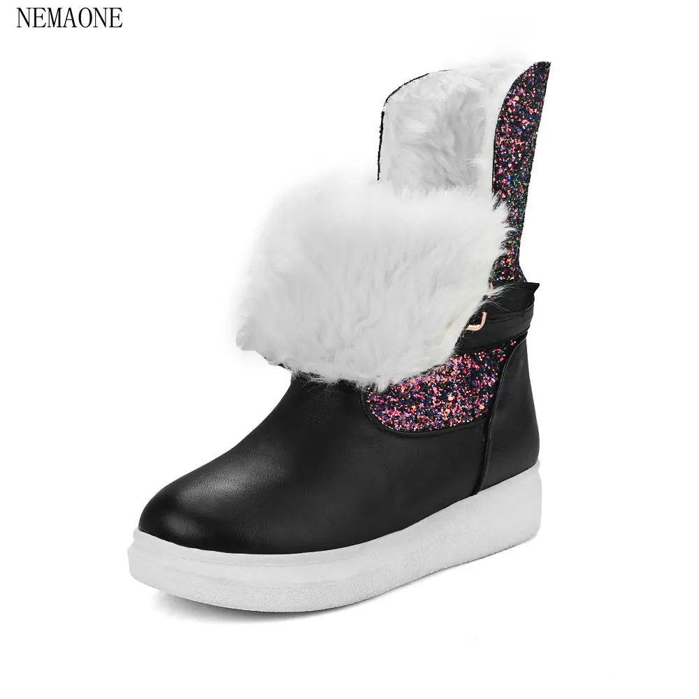 

NEMAONE Quality bling pu Leather Snow Boots Natural Fur Waterproof Women Boots Warm Wool Winter Shoes