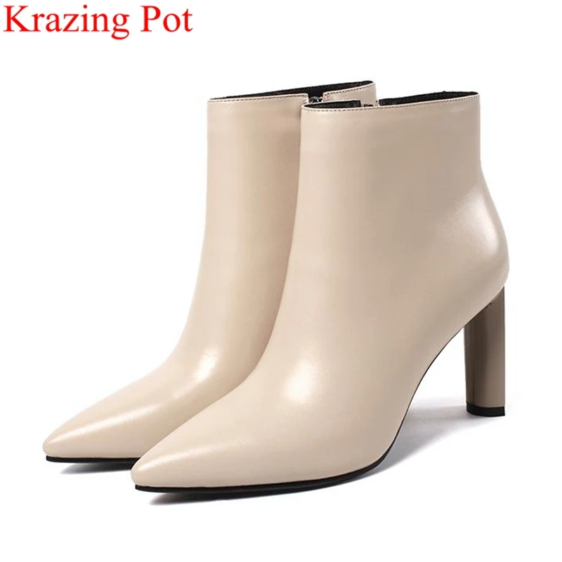 

Krazing Pot 2018 big size pointed toe cow leather women ankle boots zipper super high nightclub office lady winter shoes L88