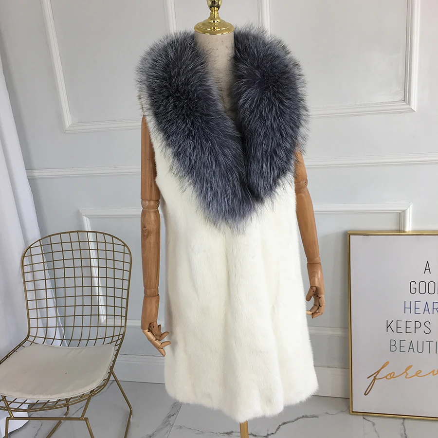 

real mink fur vest with sliver fox fur collar natural fur 90 CM long