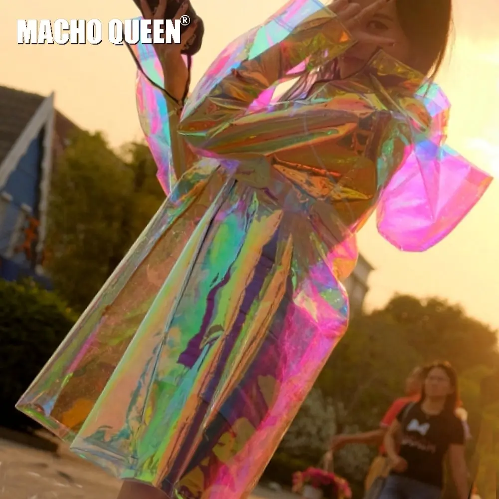 

Holographic Transparent Rainbow Hoodie Jacket Coat Rave Festival Outfits Women Celebrity Birthday Rave Costume Singer Dance Wear