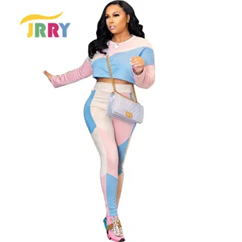 

JRRY Sexy Women Jumpsuit Long Sleeve O Neck Colourful Patchwork Full Length