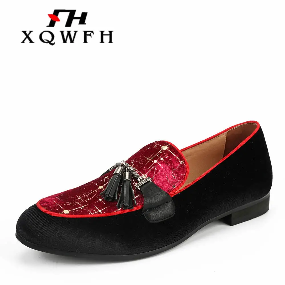 Handmade Velvet Men Loafers Fashion Party and Wedding Tassel Shoes Male Smoking Slipper Plus Size Men's Flats | Обувь