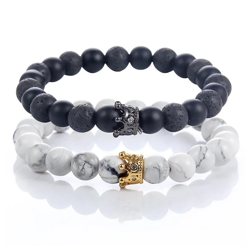 2pcs/set Couples Bracelet for Men Women 8MM Natural Stone King and Queen Bracelets Bangle with Crown