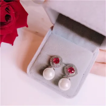 

S925 Stud Earrings For Women Vintage Freshwater Pearls Ruby Luxury Ear Studs Sterling Silver Fine Jewelry Anniversary Brincos