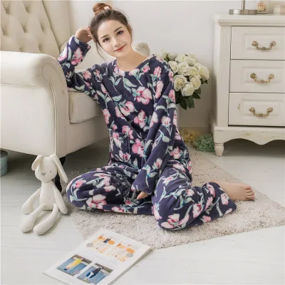 

Daeyard Autumn Winter Women Pajamas Sets Thick Warm Coral Velvet Suit Flannel Long Sleeve Elegant Floral Pyjamas Cute Sleepwear