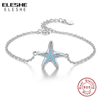 

ELESHE 2019 Summer Original Real 925 Sterling Silver Blue CZ Crystal Starfish Charm Bracelet for Women Ladies Wedding Jewelry