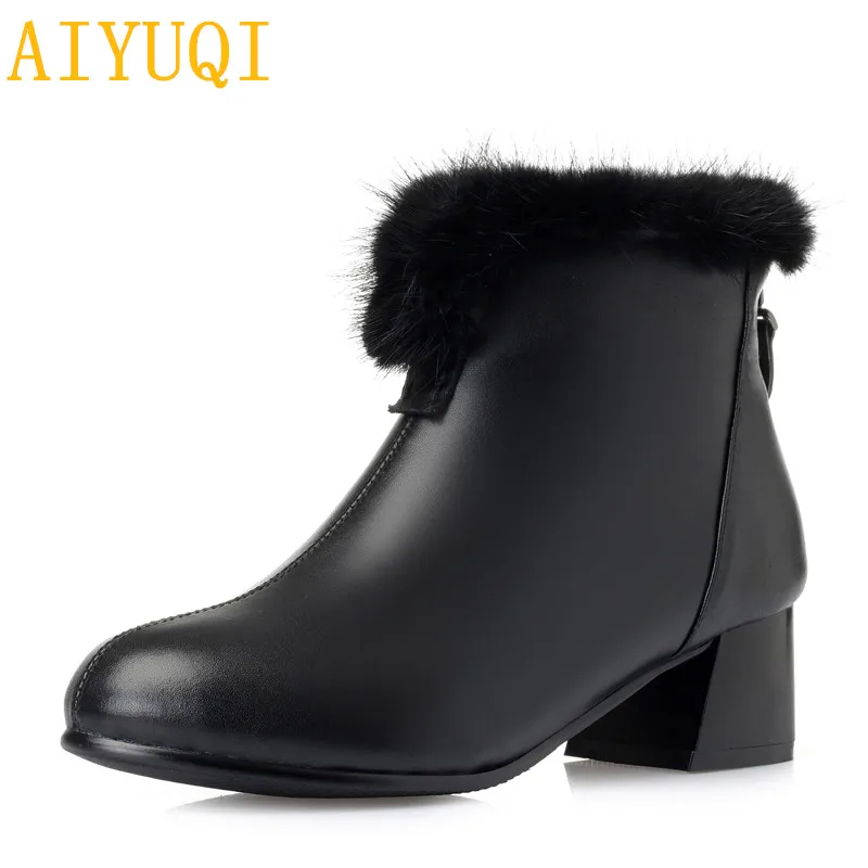

AIYUQI Bare black boots 2019 new full cowhide women's Martin boots square trend real plus velvet women dress boots shoes
