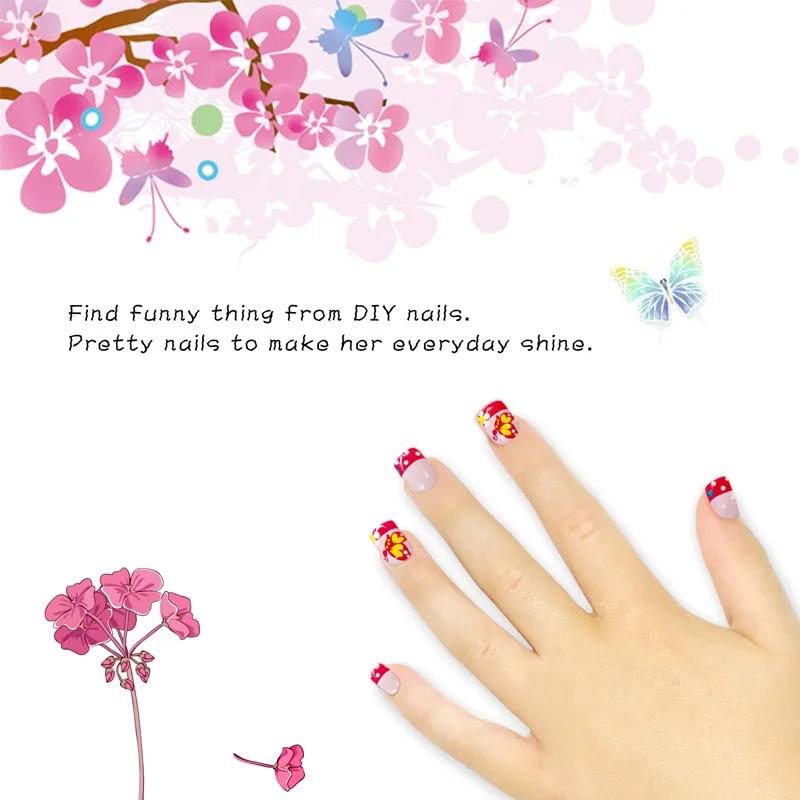 Новинка, 24 шт./лот, розовые накладные ногти с изображением бабочек, полностью покрытые клеем, прессованные накладные ногти для творчества, Детские аксессуары для маникюра