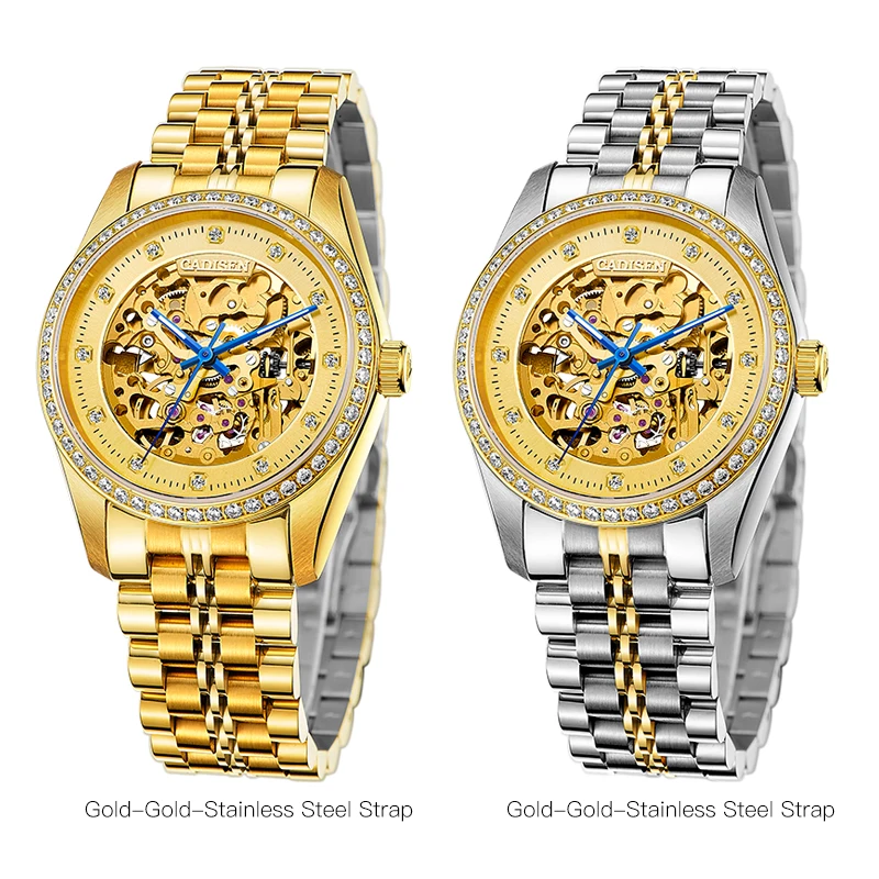 Cadisen золотые часы Мужские механические часы со скелетом из нержавеющей стали Топ Роскошные мужские часы Montre Homme полые наручные часы