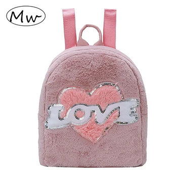 

Sweet Sequins Letter Plush Backpack Japanese Style Cute Peach Heart Pink Backpack Women Winter Fur Bag School Bags For Girls