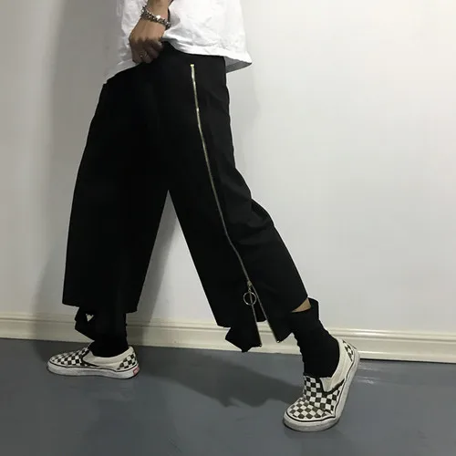 Neploe Zipper Дизайнерские широкие брюки для женщин и мужчин, повседневные Летние черные брюки Harajuku с дырками, штаны длиной до щиколотки 52498 - Цвет: Черный