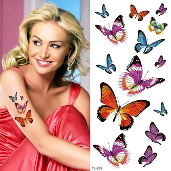 

Butterfly Lotus Flower Temporary Tattoo Colorful Feather Leaf Fake Black Waterproof Tattoo Sticker For Girl Kids Body Art Decal