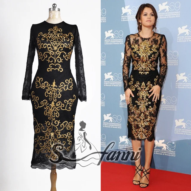 black and gold knee length dress