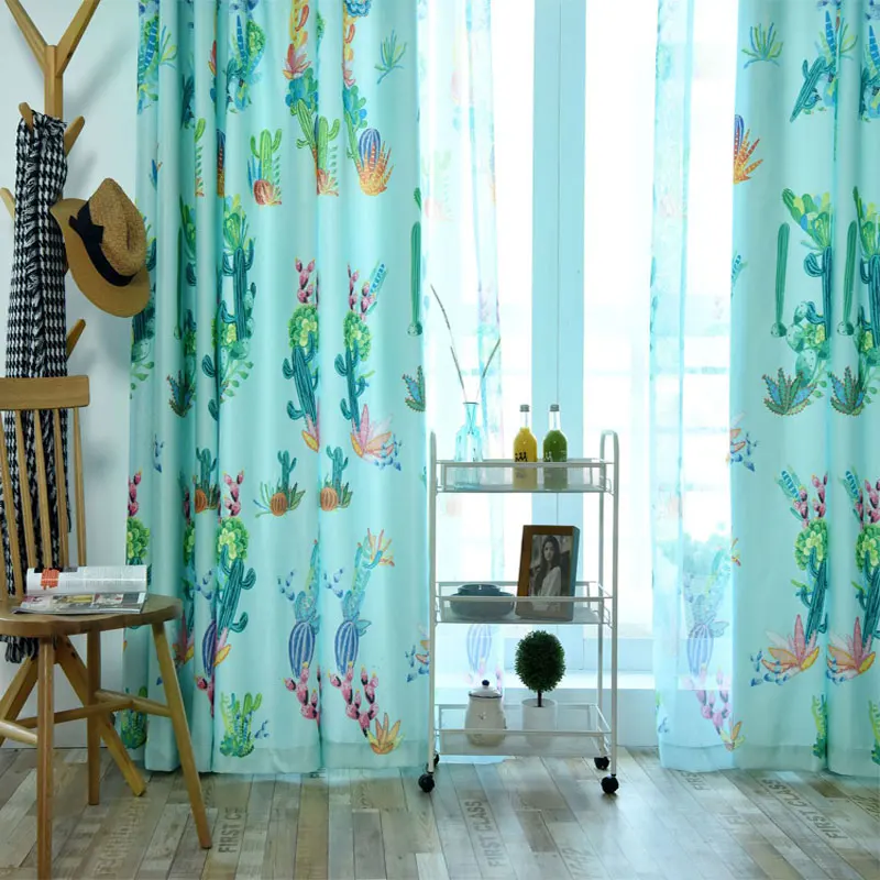

New Arrival Summer cactus Printed Window Drapes Blue Green Curtain for Living Room /Bedroom/Kitchen Patchwork Eco-friendly