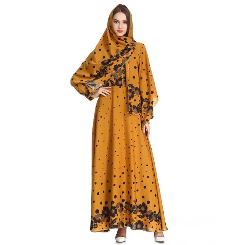 Модные Этнические халаты для мусульманского праздника Рамадан с длинными рукавами женские повседневные платья с принтом шифоновое платье
