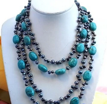 

huij 003022 4ROW BLACK RICE FW PEARL ELLIPSE TURQUOISE NECKLACE