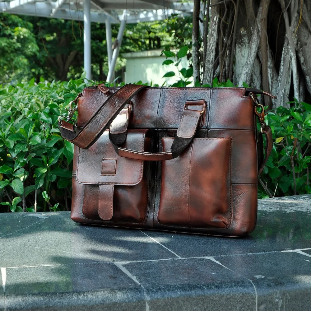 

Men Quality Leather Antique Retro Business Briefcase 15.6" Laptop Case Attache Portfolio Bag One Shoulder Messenger Bag B260w