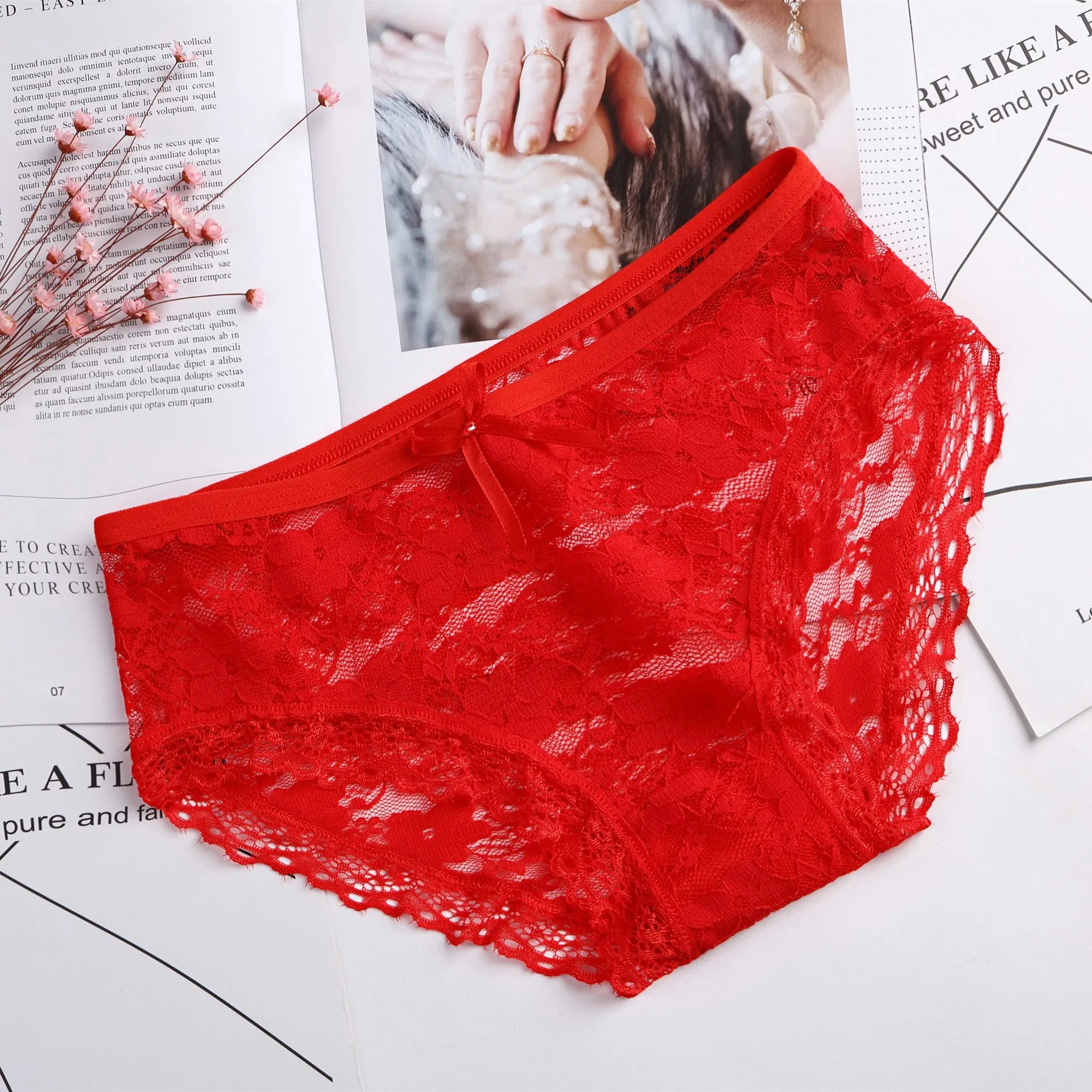Briefs for Women Lace Cotton Sexy Lingerie Panties Girls Underwear Solid Color Bow Tie Underpants Ladies Panty Calcinha - Color: red