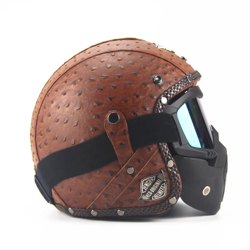 Vintage leather motorcycle motorbike open face helmet 3/4 with face mask
