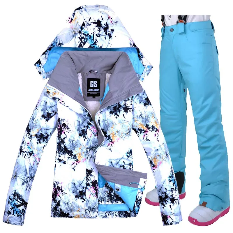 Зимние Лыжный Спорт костюм для Для женщин Gsou снег Для женщин Водонепроницаемый куртка для снежной погоды+ брюки костюмы утепленный лыжный зимние сноуборд наборы - Цвет: light blue pants