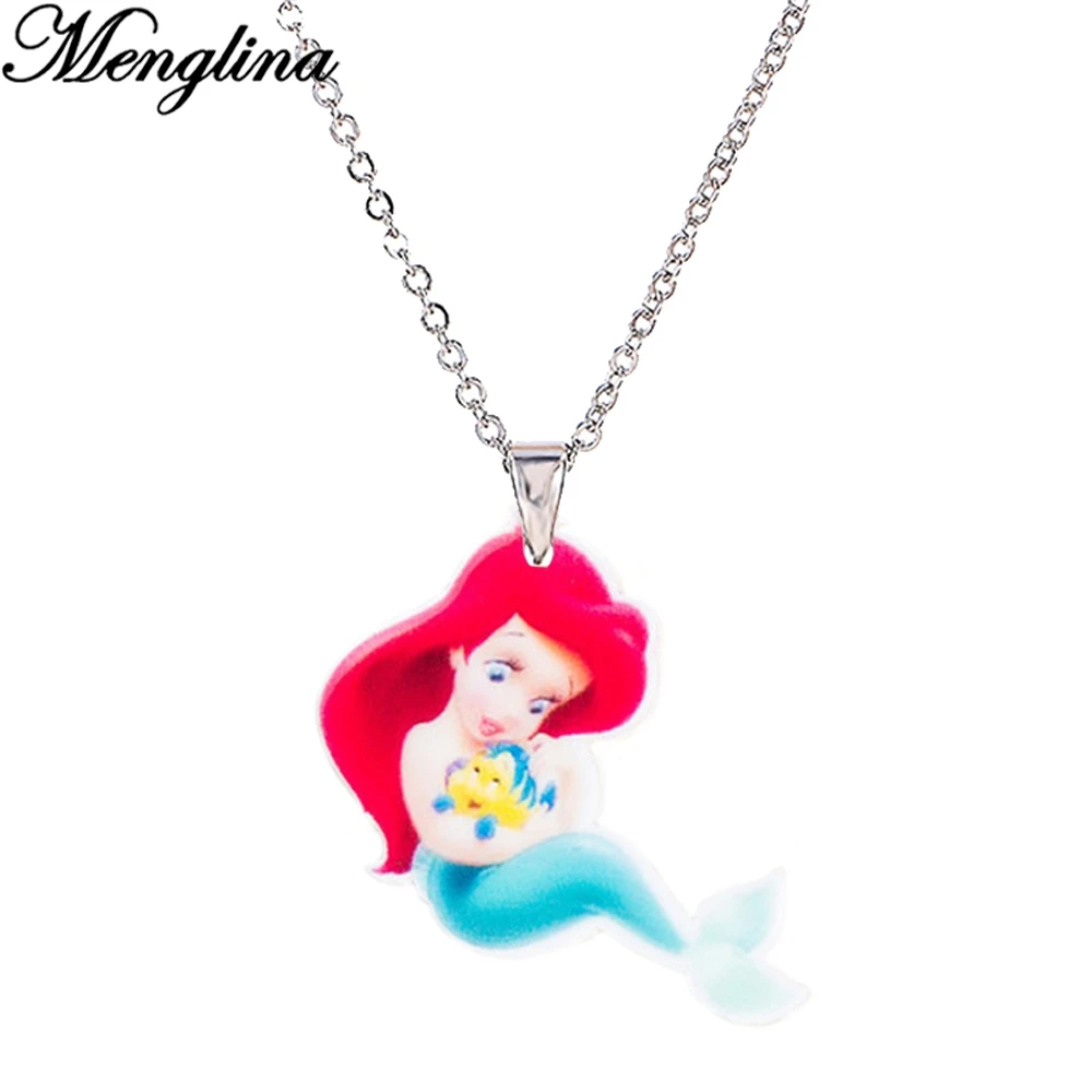 

Menglina Acrylic Cartoon Cute Little Mermaid Princess Pendant Necklace For Girl Silver Color Chain Plastic Resin Charm Necklace