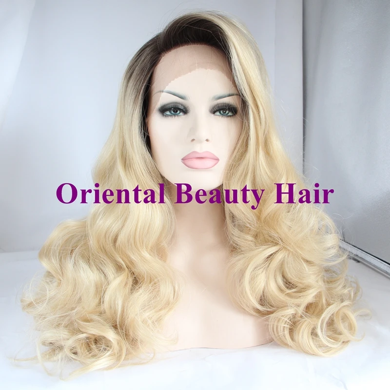 

Free shipping high quality cheap long heat resistant hair brown to blond ombre glueless body wave synthetic lace front wig