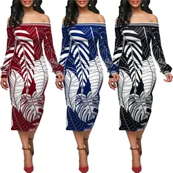 BAIBAZIN Новое Африканское платье Европа и США на одно плечо с принтом листьев с длинными рукавами платье плюс размер s-xl