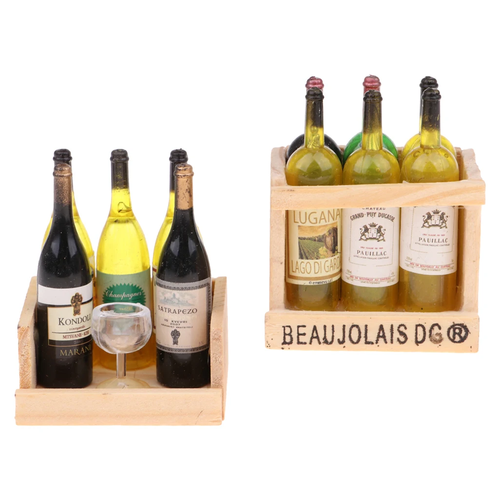 2 Set Miniature Beer Wine Drink Bottles Goblet Cup With Magnet Wooden Storage Box 1/12 Dollhouse Kitchen Life Scenes Decoration