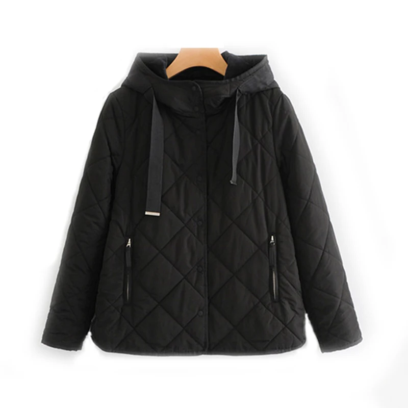 

Women-s Diamond Quilted Hooded Black Jackets Ladies Winter-Autumn Thick Velvet Liner Coats Girls Slim European Clothes Outwear
