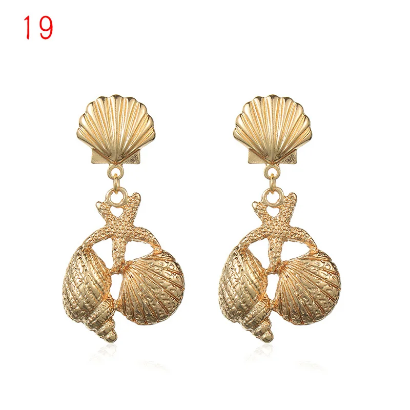 1Pair Summer Retro Fashion Shell Earrings Women Gold Color Geometric Irregular Starfish Conch Statement Jewelry Accessories - Окраска металла: 19