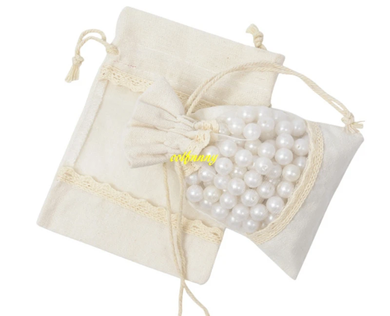 

50pcs/lot 10*14cm Transparent PVC Window Lace Drawstring Pouch Jewellery beads Storage bag Cotton Burlap Gift Bags For Wedding