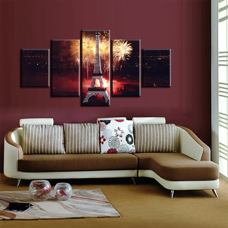 

Living Room Posters Frame Painting On Canvas 5 PiecePcs Tower Night Landscape Home Decor Wall Art Modern HD Printed Pictures